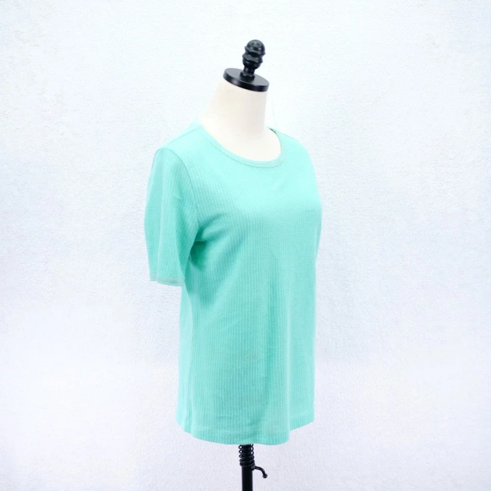 J. Crew -Medium- Ribbed Knit Teal T-Shirt Crew Neck Top Cotton Polyester Elastan